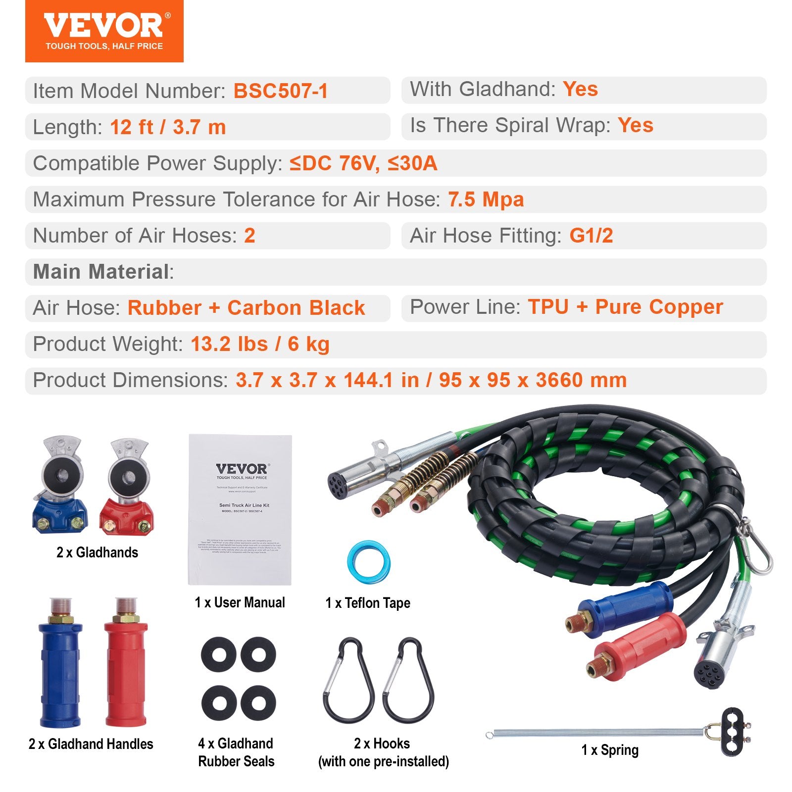 12FT Semi Truck Air Lines Kit With 2PCS Glad Hands, 3-in-1 Air Hoses  7 Way ABS Electric Power Line, With 2PCS Gladhand Handles, 4PCS Seals And Tender Spring Kit For Semi Truck Trailer Tractor