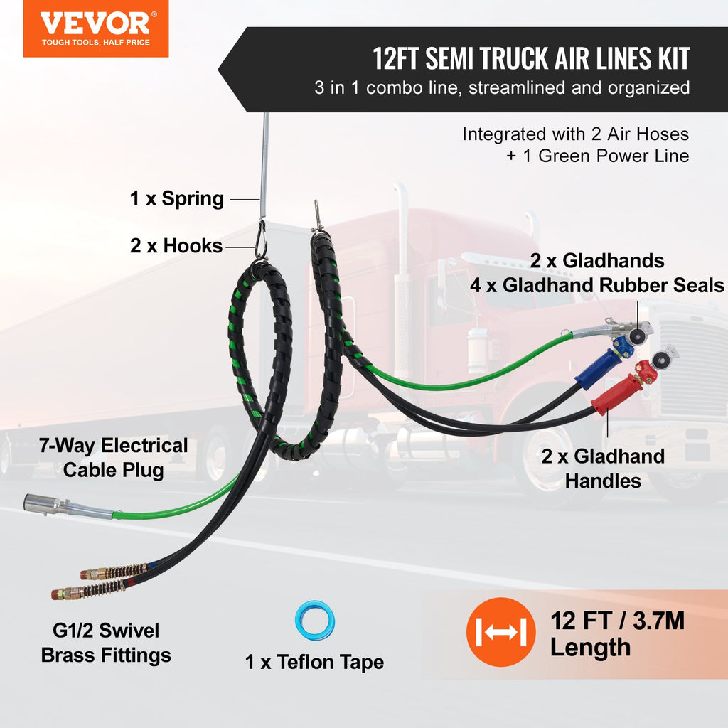 12FT Semi Truck Air Lines Kit With 2PCS Glad Hands, 3-in-1 Air Hoses  7 Way ABS Electric Power Line, With 2PCS Gladhand Handles, 4PCS Seals And Tender Spring Kit For Semi Truck Trailer Tractor
