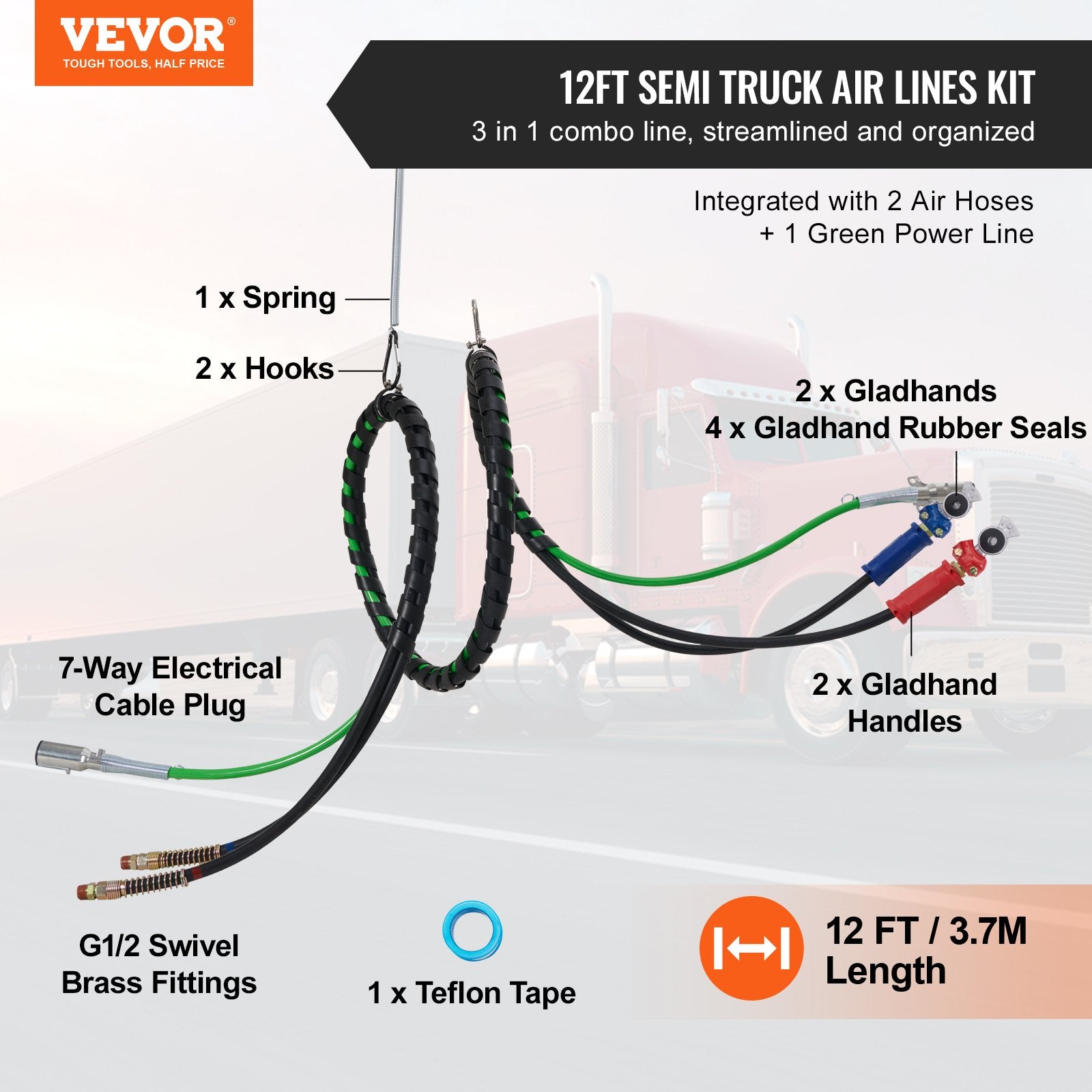 12FT Semi Truck Air Lines Kit With 2PCS Glad Hands, 3-in-1 Air Hoses  7 Way ABS Electric Power Line, With 2PCS Gladhand Handles, 4PCS Seals And Tender Spring Kit For Semi Truck Trailer Tractor