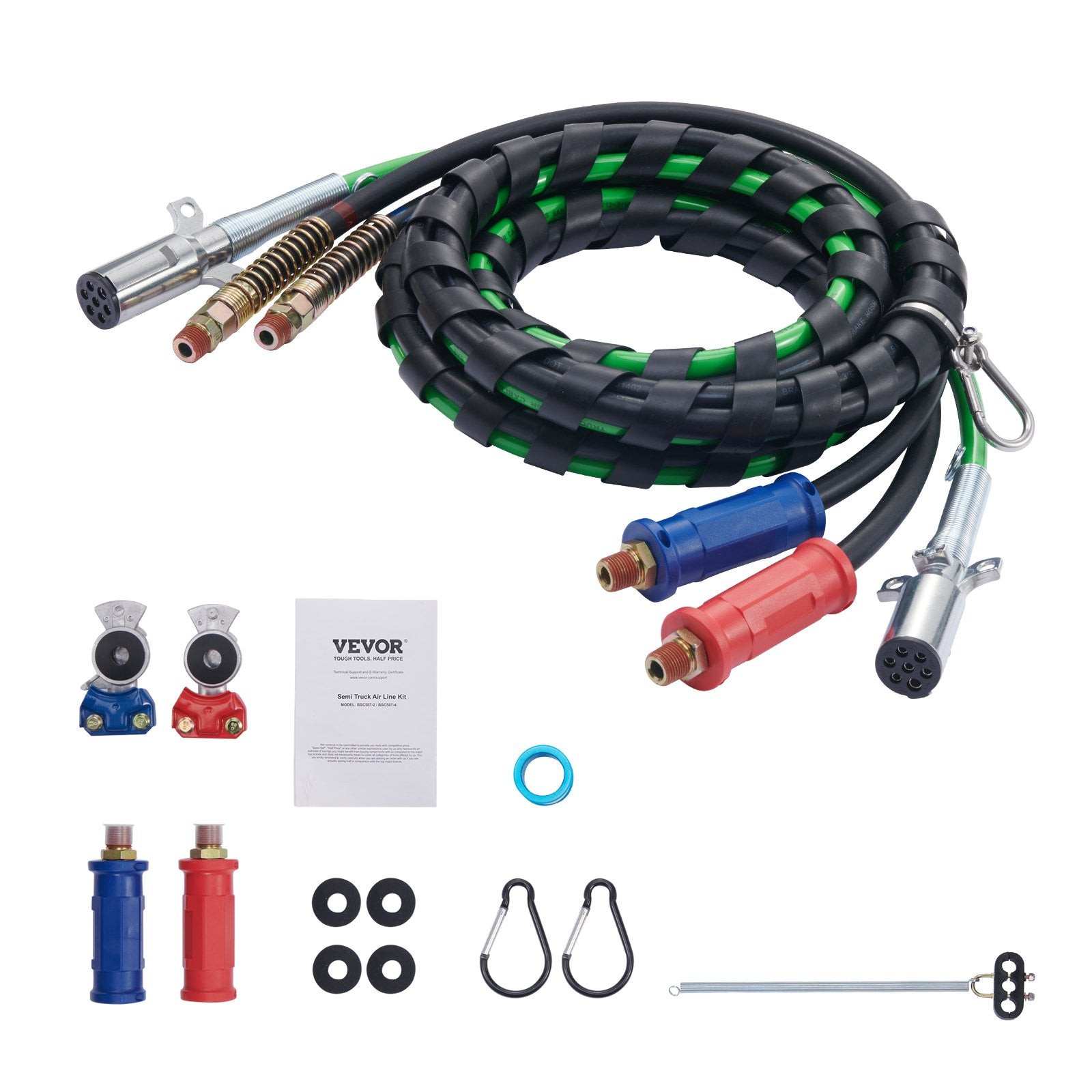 12FT Semi Truck Air Lines Kit With 2PCS Glad Hands, 3-in-1 Air Hoses  7 Way ABS Electric Power Line, With 2PCS Gladhand Handles, 4PCS Seals And Tender Spring Kit For Semi Truck Trailer Tractor