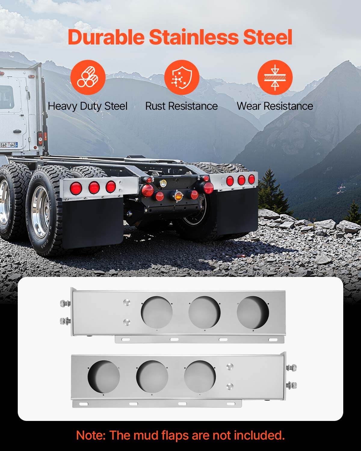Stainless Steel Mud Flap Hangers With Light Cutouts, 2-1/2" Bolt Spacing, Spring Loaded Mudflap Hangers For Semi Trucks, 1 Pair Heavy Duty Semi Truck Mud Flap Hanger Set, Silver